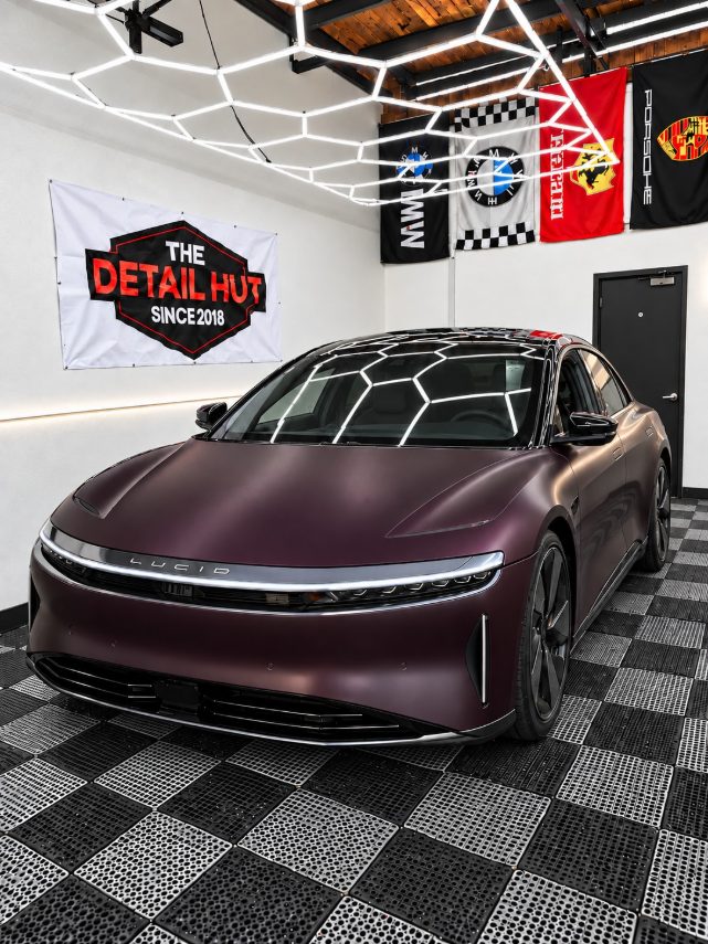 Lucid Air with a matte paint protection finish in The Detail Hut install bay